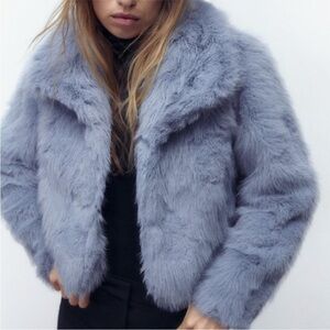 Zara Faux Fur Collared Crop Jacket in Light Blue XS-S